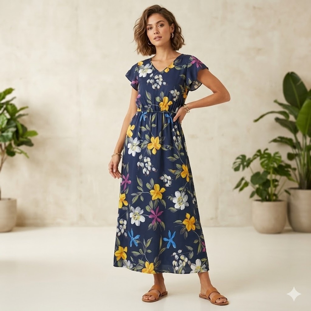 Chico's Floral Maxi Dress Feminine M Navy Blue Summer V-Neck Flutter Cap Beach